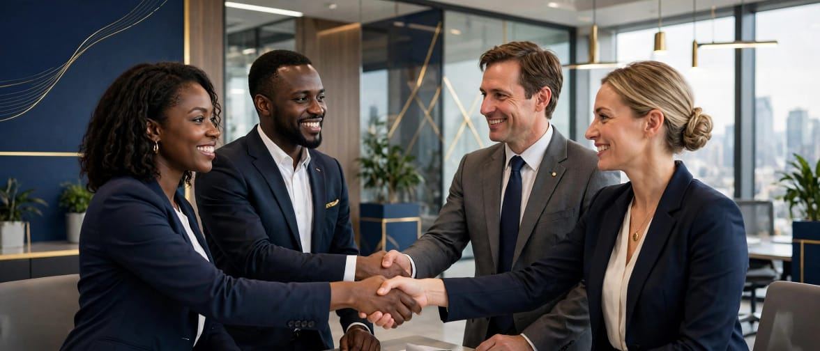 Business partners shaking hands in a modern office