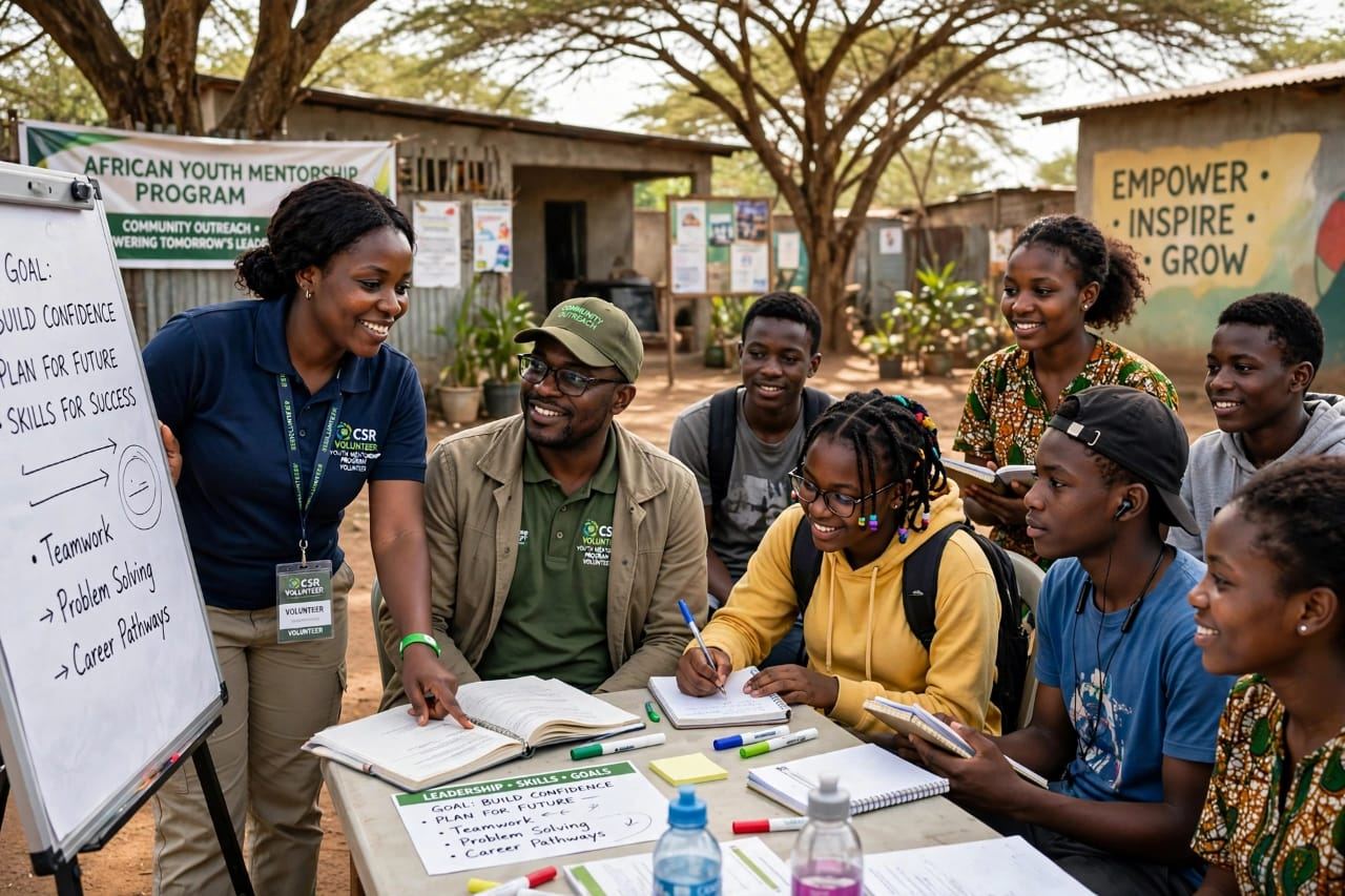 Volunteers mentoring young people at a community session
