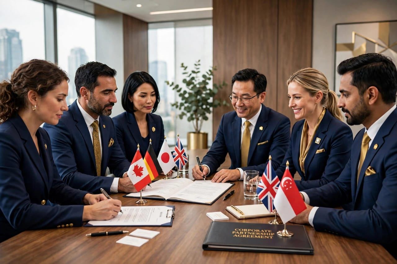 International business partners reviewing a recruitment agreement