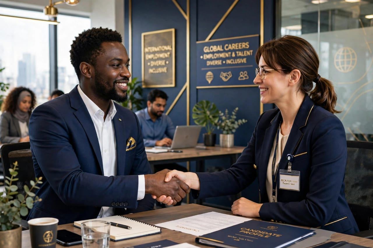 A recruiter welcoming a candidate with a handshake